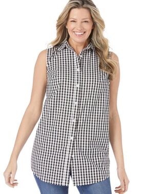 Woman Within Black Gingham Sleeveless Button Down Shirt 18/20 L Crisp Cotton